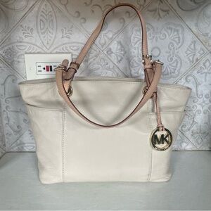 Michael Kors Off-White Pebbled Leather Tote with Tan Accents